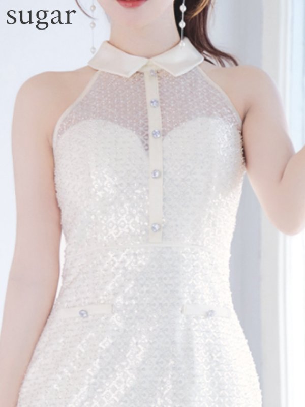 画像17: XSサイズあり【ROBE de FLEURS/ローブドフルール】襟付き/ ビーズ/ スパンコール/ ホルターネック/ ミニドレス/ キャバドレス[OF08]