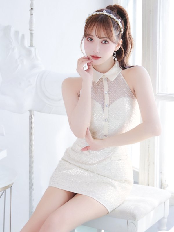 画像11: XSサイズあり【ROBE de FLEURS/ローブドフルール】襟付き/ ビーズ/ スパンコール/ ホルターネック/ ミニドレス/ キャバドレス[OF08]