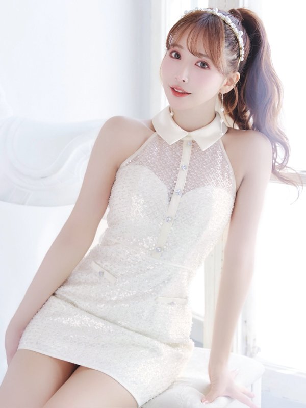 画像12: XSサイズあり【ROBE de FLEURS/ローブドフルール】襟付き/ ビーズ/ スパンコール/ ホルターネック/ ミニドレス/ キャバドレス[OF08]