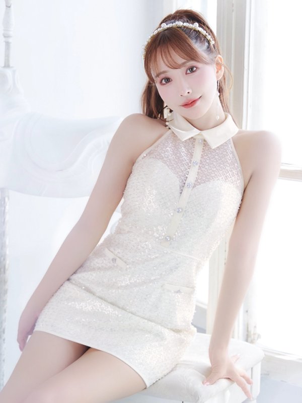 画像13: XSサイズあり【ROBE de FLEURS/ローブドフルール】襟付き/ ビーズ/ スパンコール/ ホルターネック/ ミニドレス/ キャバドレス[OF08]