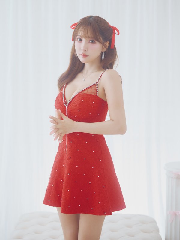 画像31: XSサイズあり【ROBE de FLEURS/ローブドフルール】ショルダービジュー/ 刺繍レース/ フロントジッパー/ フレア/ ミニドレス/ キャバドレス[OF08]