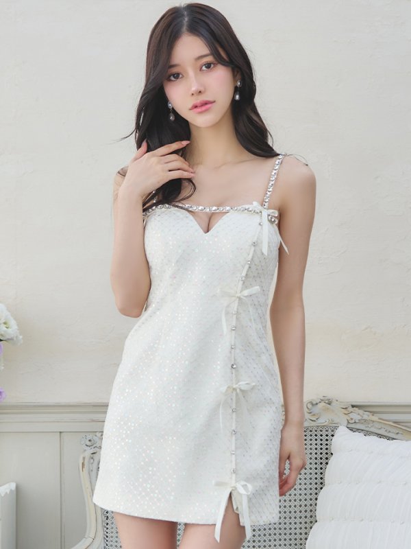 画像7: XSサイズあり【ROBE de FLEURS/ローブドフルール】ビジューライン/ リボン/ ラメ/ ガーリー/ タイト/ ミニドレス/ キャバドレス[OF08]