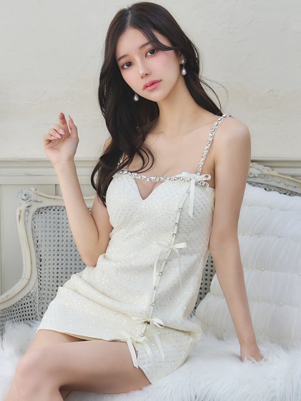 画像8: XSサイズあり【ROBE de FLEURS/ローブドフルール】ビジューライン/ リボン/ ラメ/ ガーリー/ タイト/ ミニドレス/ キャバドレス[OF08]