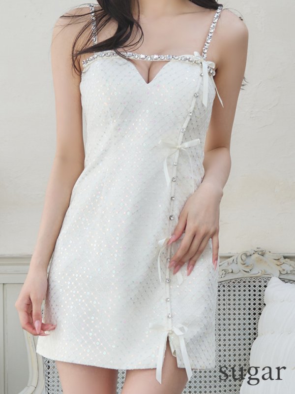 画像12: XSサイズあり【ROBE de FLEURS/ローブドフルール】ビジューライン/ リボン/ ラメ/ ガーリー/ タイト/ ミニドレス/ キャバドレス[OF08]