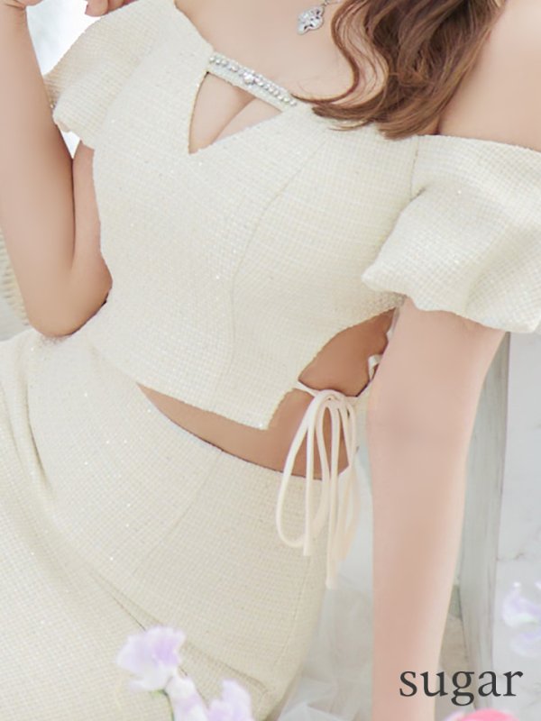 画像17: XSサイズあり【ROBE de FLEURS/ローブドフルール】 セットアップ/ オフショル/ ビジュー/ ウエストリボン/ パフスリーブ/ ツイード/ タイト/ ミニドレス/ キャバドレス[OF08]