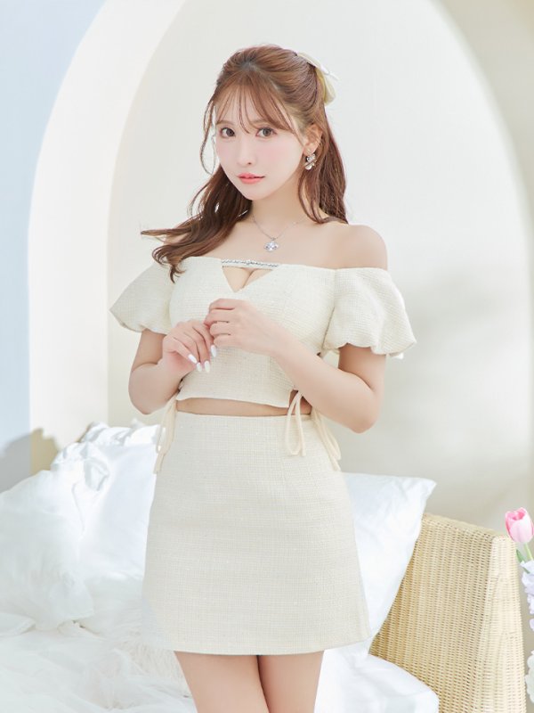 画像12: XSサイズあり【ROBE de FLEURS/ローブドフルール】 セットアップ/ オフショル/ ビジュー/ ウエストリボン/ パフスリーブ/ ツイード/ タイト/ ミニドレス/ キャバドレス[OF08]