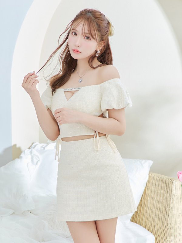 画像13: XSサイズあり【ROBE de FLEURS/ローブドフルール】 セットアップ/ オフショル/ ビジュー/ ウエストリボン/ パフスリーブ/ ツイード/ タイト/ ミニドレス/ キャバドレス[OF08]