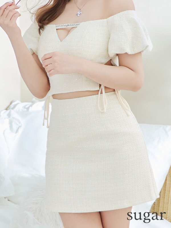 画像15: XSサイズあり【ROBE de FLEURS/ローブドフルール】 セットアップ/ オフショル/ ビジュー/ ウエストリボン/ パフスリーブ/ ツイード/ タイト/ ミニドレス/ キャバドレス[OF08]