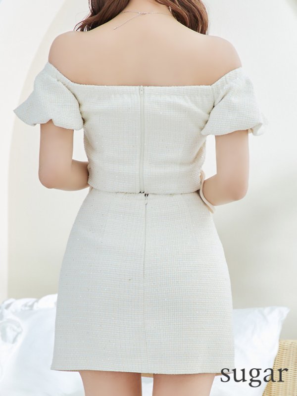 画像16: XSサイズあり【ROBE de FLEURS/ローブドフルール】 セットアップ/ オフショル/ ビジュー/ ウエストリボン/ パフスリーブ/ ツイード/ タイト/ ミニドレス/ キャバドレス[OF08]