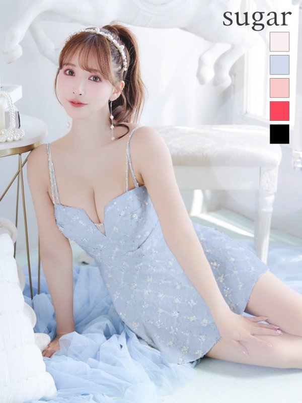 画像1: XSサイズあり【ROBE de FLEURS/ローブドフルール】バストカット/ ビジュー/ スパンコール/ サテン/ キャミソール/ フレア/ ミニドレス/ キャバドレス[OF2]