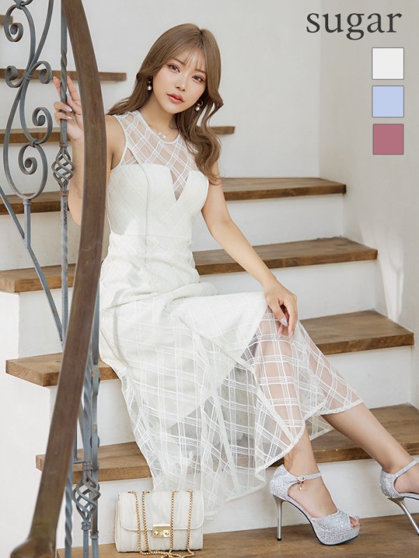 画像13: Lサイズあり【DEA./ディア】ノースリーブ/ シースルー/ チェック/ レデイサマー/ フレア/ Aライン/ ミディアムドレス/ キャバドレス[OF08]