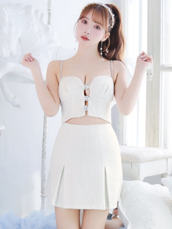 画像2: XSサイズあり【ROBE de FLEURS/ローブドフルール】フロントビジュー/ チェックツイード/ キャミソール/ セットアップ/ フレア/ ミニドレス/ キャバドレス[OF2]