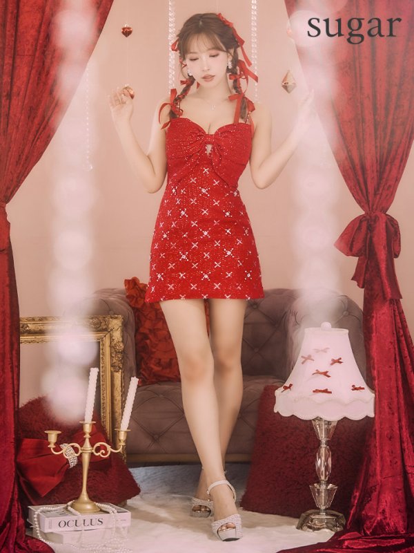 画像8: XSサイズあり【ROBE de FLEURS/ローブドフルール】ビッグリボン/ スパンコール/ ツイード/ キャミソール/ タイト/ ミニドレス/ キャバドレス[OF08]