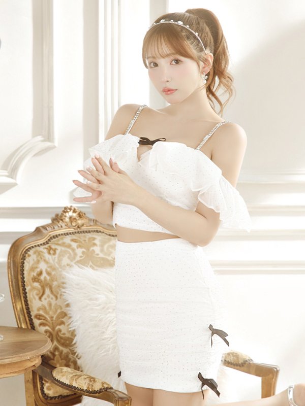 画像3: XSサイズあり【ROBE de FLEURS/ローブドフルール】オフショル/ フリル/ チュール/ ミニリボン/ セットアップ/ タイト/ ミニドレス/ キャバドレス[OF08]