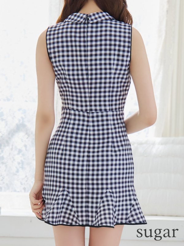 画像9: XSサイズあり【ROBE de FLEURS/ローブドフルール】ウエストオープン/ 襟付き/ ギンガムチェック/ ノースリーブ/ 裾フリル/ フレア/ ミニドレス/ キャバドレス[OF08]