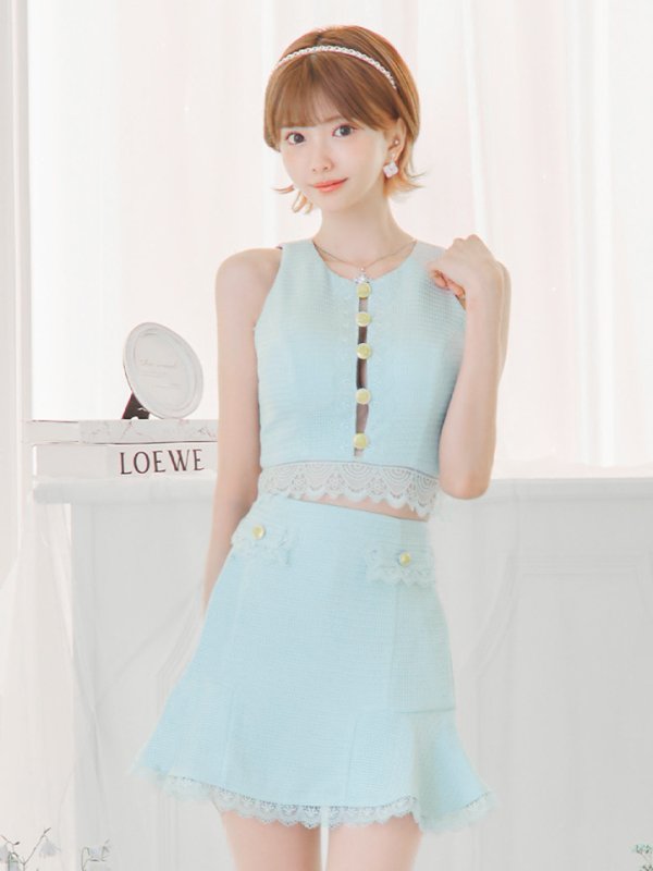 画像2: XSサイズあり【ROBE de FLEURS/ローブドフルール】 セットアップ/ フロントゴールド/ ボタン/ ノースリーブ/ リボン/ ツイード/ フレア/ ミニドレス/ キャバドレス[OF2]