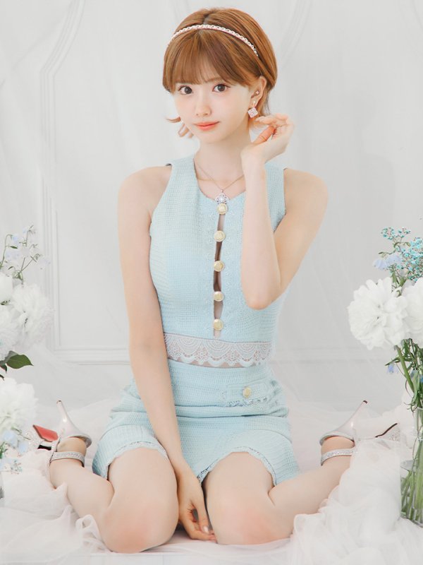 画像19: XSサイズあり【ROBE de FLEURS/ローブドフルール】 セットアップ/ フロントゴールド/ ボタン/ ノースリーブ/ リボン/ ツイード/ フレア/ ミニドレス/ キャバドレス[OF08]