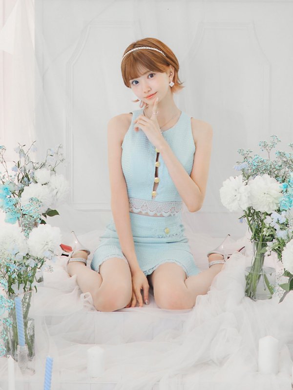 画像20: XSサイズあり【ROBE de FLEURS/ローブドフルール】 セットアップ/ フロントゴールド/ ボタン/ ノースリーブ/ リボン/ ツイード/ フレア/ ミニドレス/ キャバドレス[OF08]