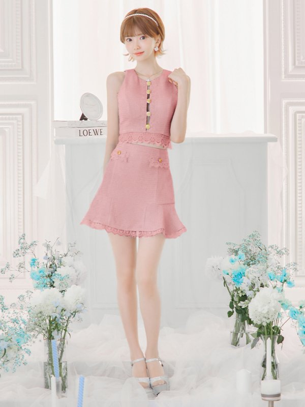 画像2: XSサイズあり【ROBE de FLEURS/ローブドフルール】 セットアップ/ フロントゴールド/ ボタン/ ノースリーブ/ リボン/ ツイード/ フレア/ ミニドレス/ キャバドレス[OF2]