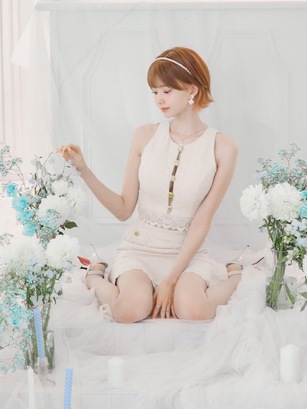 画像8: XSサイズあり【ROBE de FLEURS/ローブドフルール】 セットアップ/ フロントゴールド/ ボタン/ ノースリーブ/ リボン/ ツイード/ フレア/ ミニドレス/ キャバドレス[OF08]