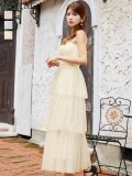 Lサイズあり【ROBE de FLEURS/ローブドフルール】バレエコア/ フレア/ フリル/ ラメチュール/ シンプル/ キャミ/ ミディアムドレス/ キャバドレス[OF2]