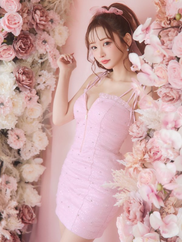 画像7: XSサイズあり【ROBE de FLEURS/ローブドフルール】バストジッパー/ ショルダーリボン/ スパンコール/ タイト/ ミニドレス/ キャバドレス[OF08]