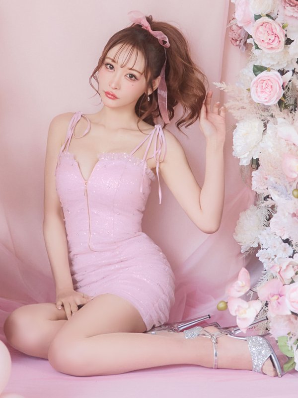 画像9: XSサイズあり【ROBE de FLEURS/ローブドフルール】バストジッパー/ ショルダーリボン/ スパンコール/ タイト/ ミニドレス/ キャバドレス[OF08]