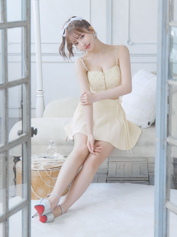 画像4: XSサイズあり【ROBE de FLEURS/ローブドフルール】 セットアップ/ キャミソール/ビジュー/ リボン/ フロントジップ/ ツイード/ フレア/ ミニドレス/ キャバドレス[OF08]