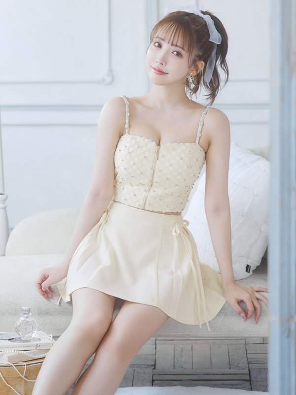 画像5: XSサイズあり【ROBE de FLEURS/ローブドフルール】 セットアップ/ キャミソール/ビジュー/ リボン/ フロントジップ/ ツイード/ フレア/ ミニドレス/ キャバドレス[OF08]