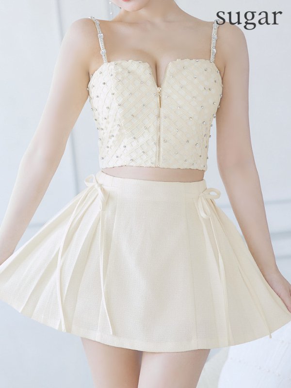 画像9: XSサイズあり【ROBE de FLEURS/ローブドフルール】 セットアップ/ キャミソール/ビジュー/ リボン/ フロントジップ/ ツイード/ フレア/ ミニドレス/ キャバドレス[OF08]