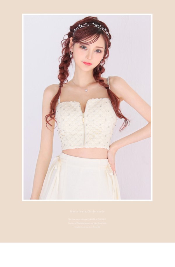 画像11: XSサイズあり【ROBE de FLEURS/ローブドフルール】 セットアップ/ キャミソール/ビジュー/ リボン/ フロントジップ/ ツイード/ フレア/ ミニドレス/ キャバドレス[OF08]