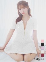XSサイズあり【ROBE de FLEURS/ローブドフルール】シースルーレース/ ビジュー/ バストジップ/ 袖あり/ 半袖/ フレア/ ミニドレス/ キャバドレス[OF2]【一部予約商品/5月中旬発送予定】