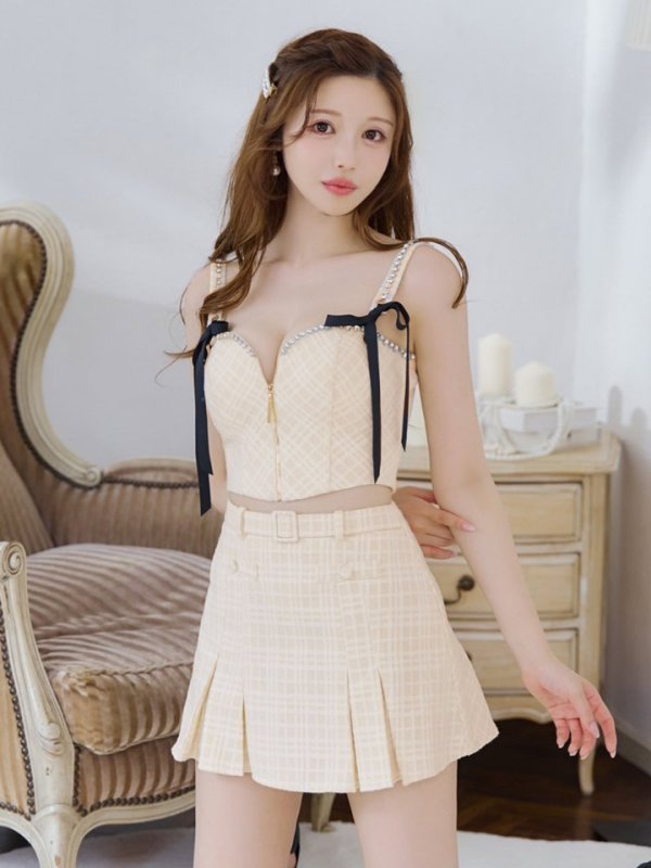 画像11: XSサイズあり【ROBE de FLEURS/ローブドフルール】スエードリボン/ チェックツイード/ ベルトデザイン/ フレア/ セットアップ/ ミニドレス/ キャバドレス[OF08]