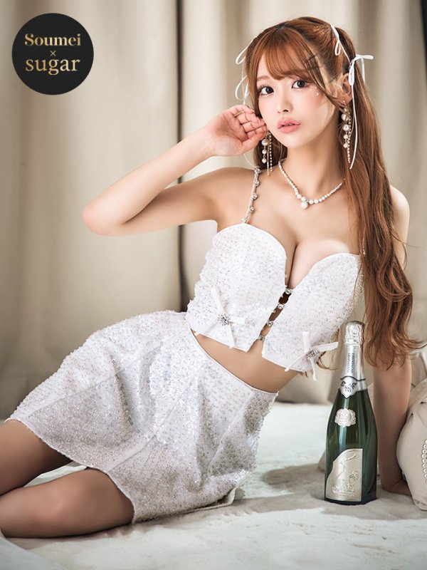 画像9: 【みな/関西コレクション着用】sugarコラボカラー・XSサイズあり【ROBE de FLEURS/ローブドフルール】サイドミニリボン/ スパンコール/ グロウ/ セットアップ/ フレア/ ミニドレス/ キャバドレス[OF08]