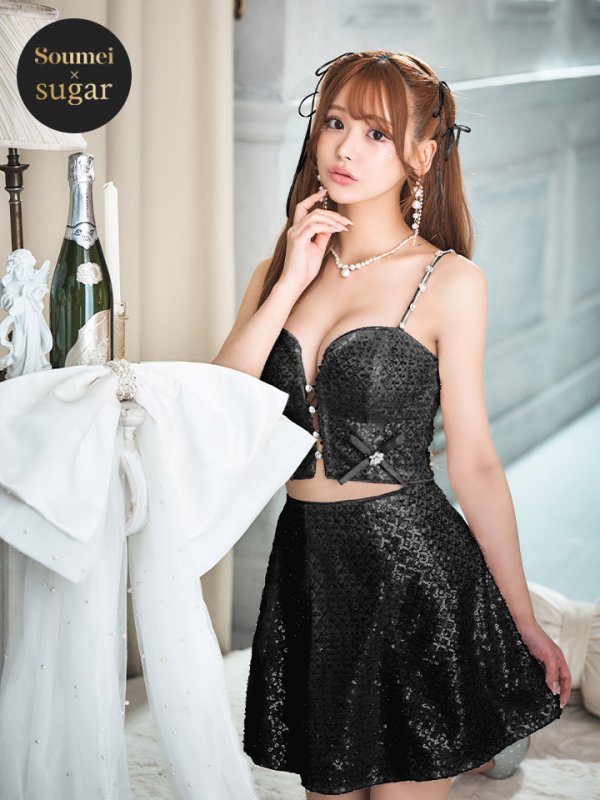 画像3: 【みな/関西コレクション着用】sugarコラボカラー・XSサイズあり【ROBE de FLEURS/ローブドフルール】サイドミニリボン/ スパンコール/ グロウ/ セットアップ/ フレア/ ミニドレス/ キャバドレス[OF08]