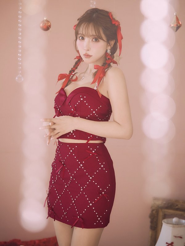 画像3: XSサイズあり【ROBE de FLEURS/ローブドフルール】サテンリボン/ ビジュー/ ガーリー/ セットアップ/ タイト/ ミニドレス/ キャバドレス[OF08]