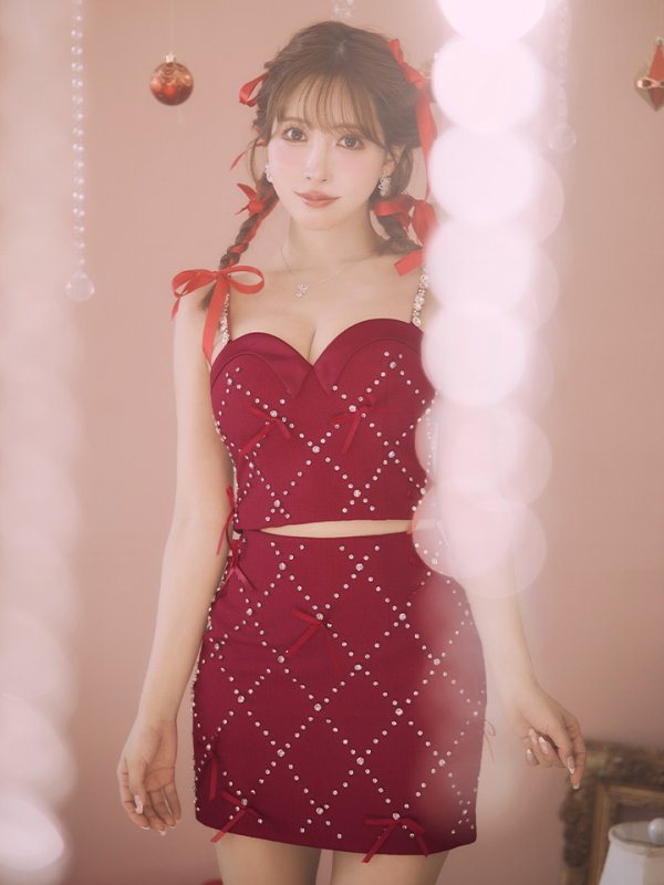 画像4: XSサイズあり【ROBE de FLEURS/ローブドフルール】サテンリボン/ ビジュー/ ガーリー/ セットアップ/ タイト/ ミニドレス/ キャバドレス[OF08]