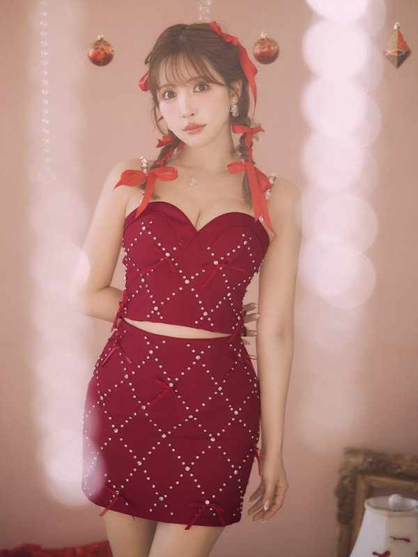 画像5: XSサイズあり【ROBE de FLEURS/ローブドフルール】サテンリボン/ ビジュー/ ガーリー/ セットアップ/ タイト/ ミニドレス/ キャバドレス[OF08]