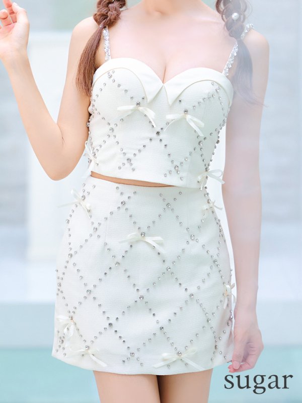 画像15: XSサイズあり【ROBE de FLEURS/ローブドフルール】サテンリボン/ ビジュー/ ガーリー/ セットアップ/ タイト/ ミニドレス/ キャバドレス[OF08]