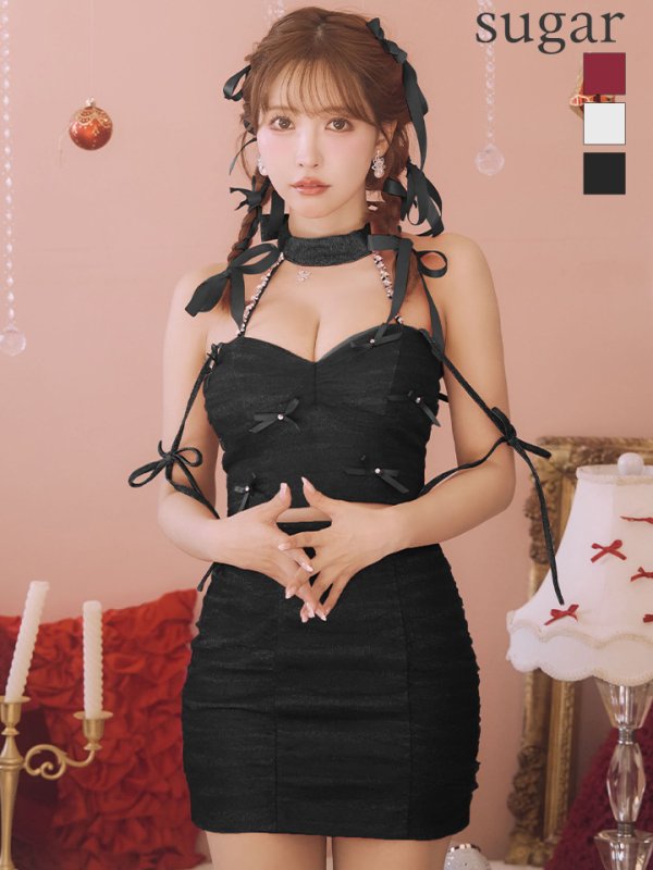 画像2: XSサイズあり【ROBE de FLEURS/ローブドフルール】バレエコア/ ミニリボン/ ラメチュール/ セットアップ/ タイト/ ミニドレス/ キャバドレス[OF2]