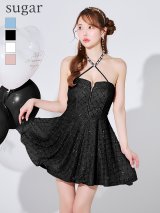 XSサイズあり【ROBE de FLEURS/ローブドフルール】ビジュー/ ホルター/ ラメニット/ フレア/ ミニドレス/ キャバドレス[OF2]