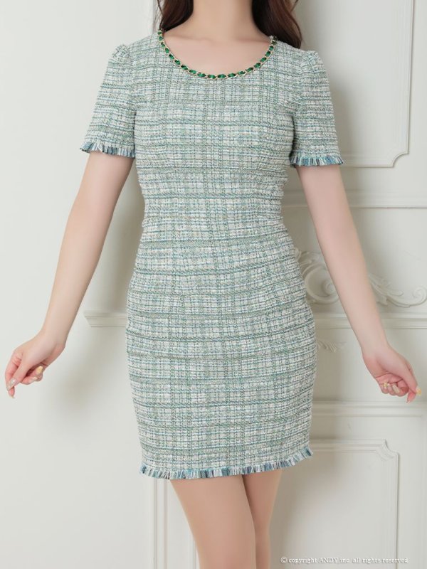 画像5: 【an/アン】ツイード/ チェーンリボン/ 半袖/ 袖あり/ タイト/ ミニドレス/ キャバドレス[OF05]
