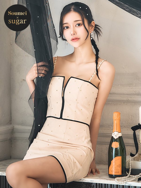 画像1: 【ゆりお/関西コレクション着用】XSサイズあり【ROBE de FLEURS Glossy/ローブ・ド・フルール グロッシー】スタッズ/ キルティング/ フロントジップ/ 台形スカート/ セットアップ/ ミニドレス/ キャバドレス[OF2]【一部予約商品/5月下旬発送予定】