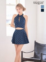 即日発送【Glossy/グロッシー】デニム/ ホルターネック/ バストジップ/ フレア/ セットアップ/ ミニドレス/ キャバドレス[OF08]