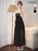 即日発送【Glossy/グロッシー】ビジュー/ ベアトップ/ リブニット/ シアー/ シフォン/ ストレッチ/ ワンピース/ フレア/ ミディアムドレス/ キャバドレス[OF08]