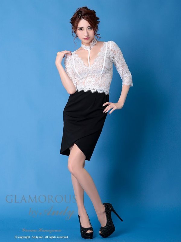画像3: 【Andy GLAMOROUS/アンディグラマラス】チョーカーデザイン/ バイカラー/ レース/ 切り替え/ 袖あり/ タイト/ ミニドレス/ キャバドレス[FB03]