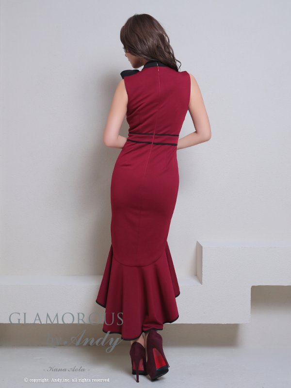 画像12: XSサイズあり【Andy GLAMOROUS/アンディグラマラス】バイカラー/ ネックリボン/ 裾フリル/ フロントジップ/ テールカット/ ミディアムドレス/ キャバドレス[OF05]