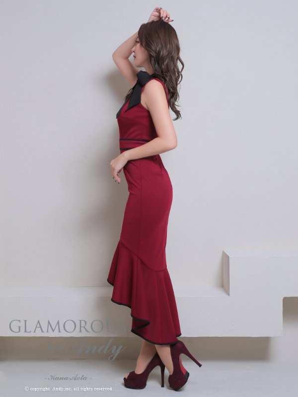 画像11: XSサイズあり【Andy GLAMOROUS/アンディグラマラス】バイカラー/ ネックリボン/ 裾フリル/ フロントジップ/ テールカット/ ミディアムドレス/ キャバドレス[OF05]