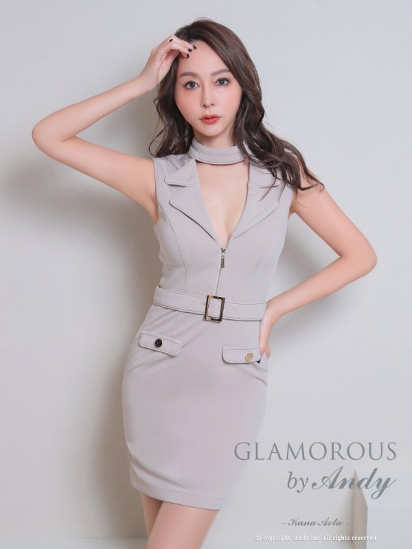 画像2: 【GLAMOROUS ANDY Fashion Press 13 COLLECTION 02】襟付き/ ハイネック/ シフォンスリーブ/ フロントジップ/ ワンカラー/ ベルトデザイン/ タイト/ ミニドレス/ キャバドレス[OF05]