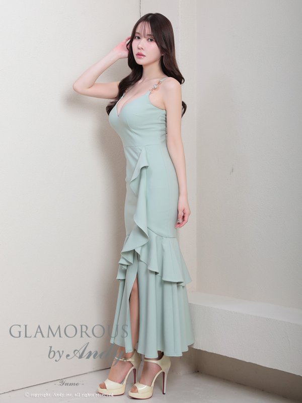 画像39: XSサイズあり【Andy GLAMOROUS/アンディグラマラス】ワンカラー/ キャミソール/ フリル/ ストレッチ/ フレア/ スリット/ ミディアムドレス/ キャバドレス[OF05]